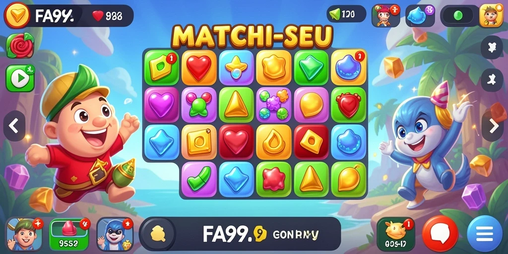 Screenshot utama FA99 menampilkan aksi seru dalam gameplay Match-3 yang penuh warna.