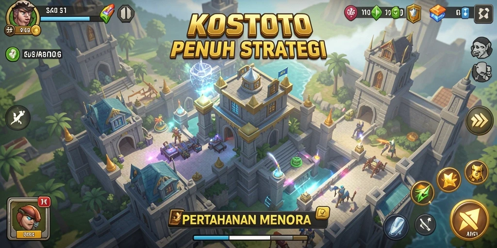 Screenshot gameplay KOSTOTO menampilkan menara yang sedang beraksi melawan monster.