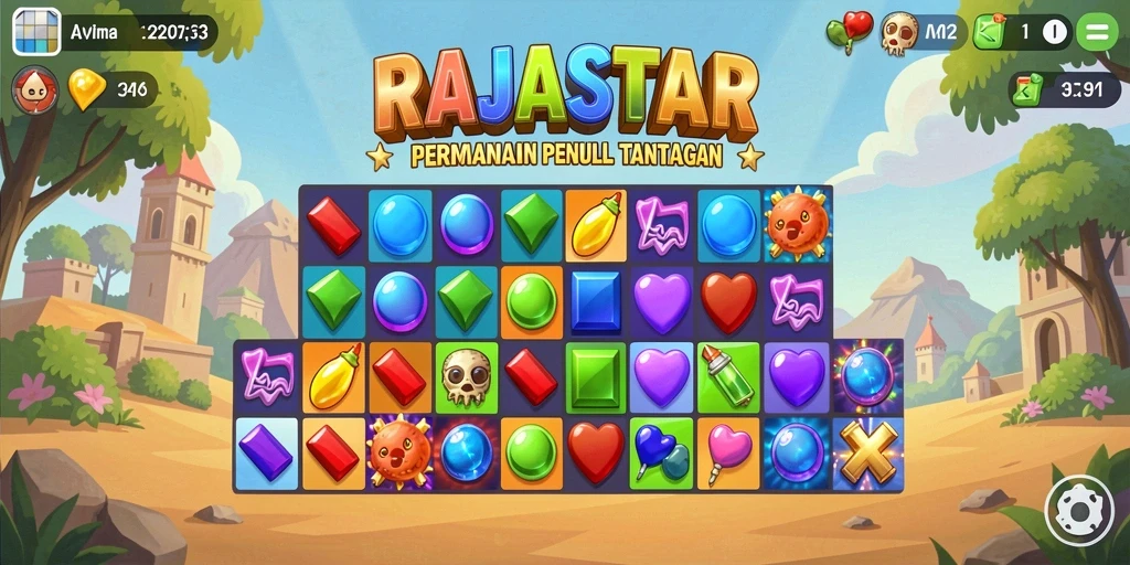 Screenshot RAJASTAR yang menunjukkan aksi permainan Match-3 yang seru.