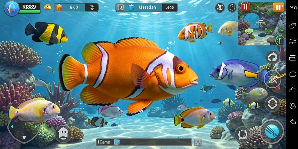 Tangkapan layar dari gameplay RI889 yang menunjukkan aksi Tembak Ikan.