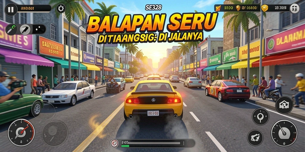 Tampilan balapan mendebarkan di SE328 dengan mobil cepat.