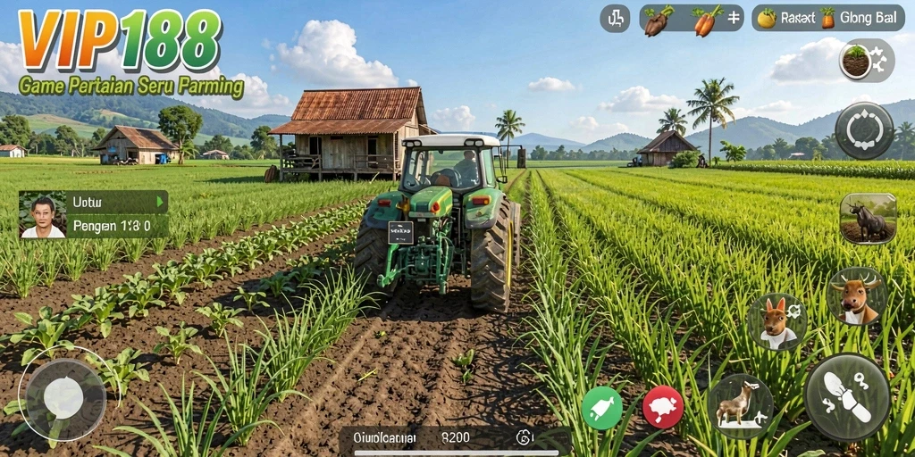 Screenshot gameplay yang menampilkan kebun dan hewan peliharaan.